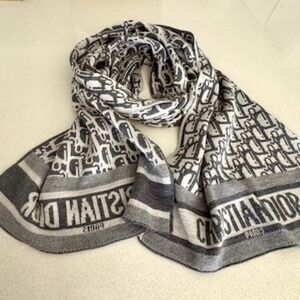 CHRISTIAN DIOR GRAY LOGO Wool Cashmere Blend Oblique SCARF SHAWL WRAP